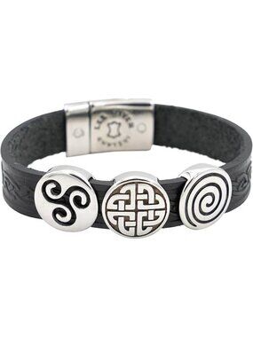Lee River Black Leather Bracelet Celtic Stainless Steel Charms Size M Ireland